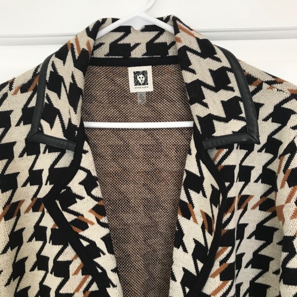 Ann klein Longline Houndstooth Faux Leather Trim Sweater Cardigan Jacket Size XL - Picture 3 of 5